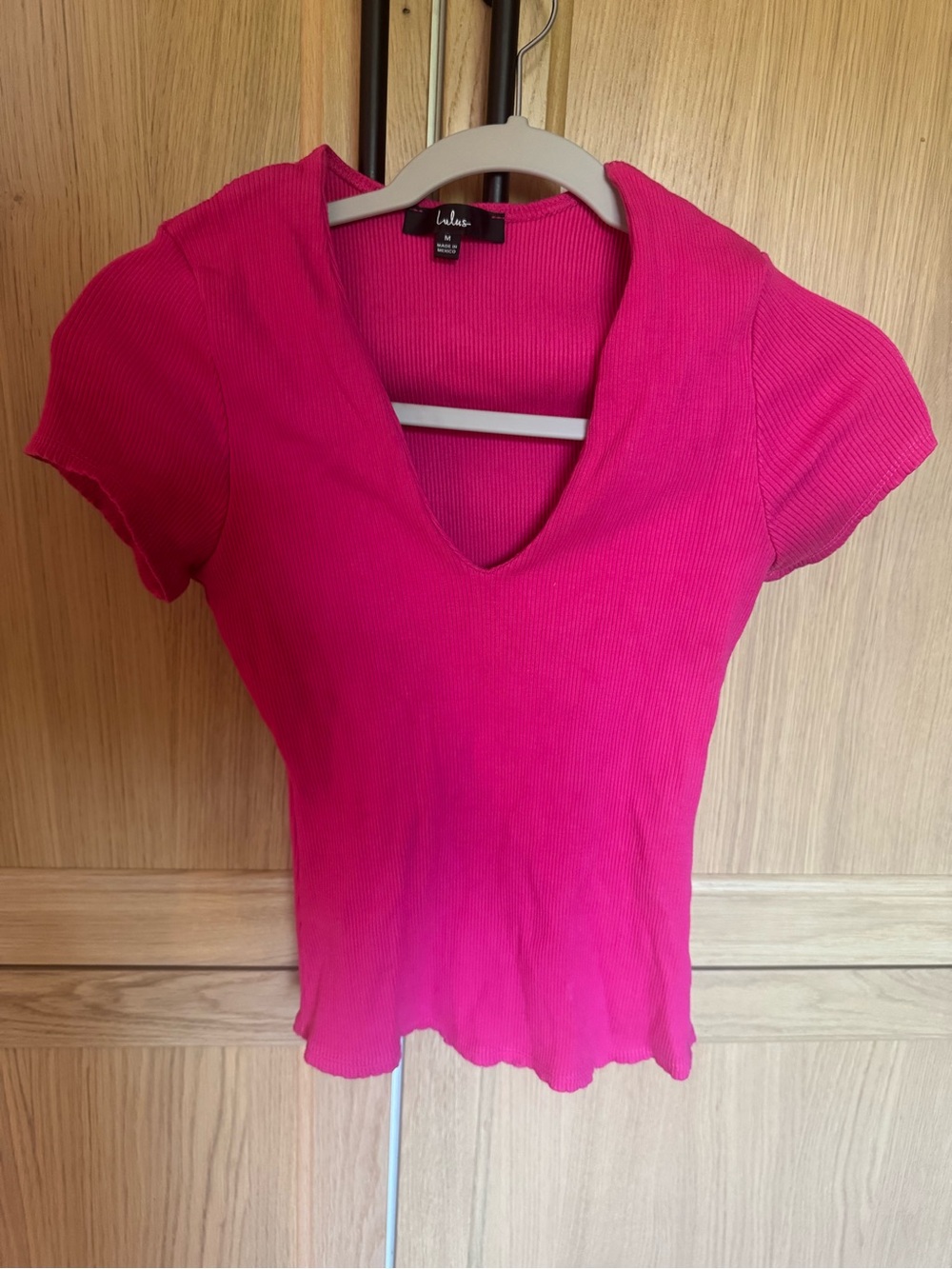 Lulu's Bright Pink Ribbed V-Neck Short Sleeve Top
